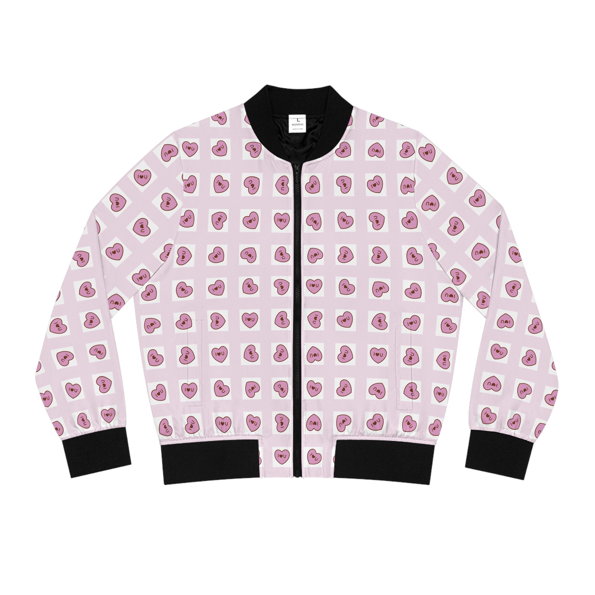 Rosa Grid Women's Bomber Jacket, I Love You Hearts, Valentine's Day Outerwear, Romantic Clothing, Pink Grid Jacket, Gift for Her