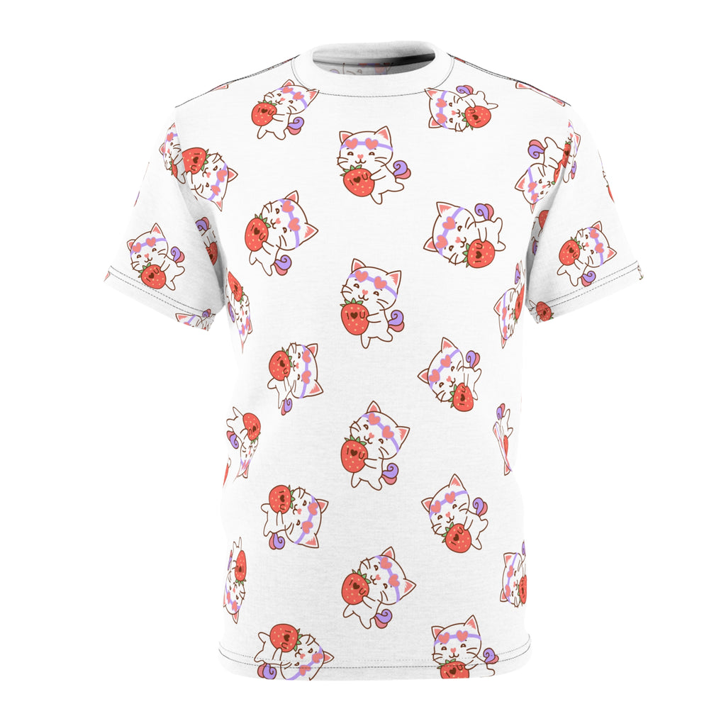 Cute Cat with Strawberry I Love you T-Shirt, Funny Cat Lover Tee, Graphic Cat Shirt, Kawaii Kitty Top, Cat and Fruit Design