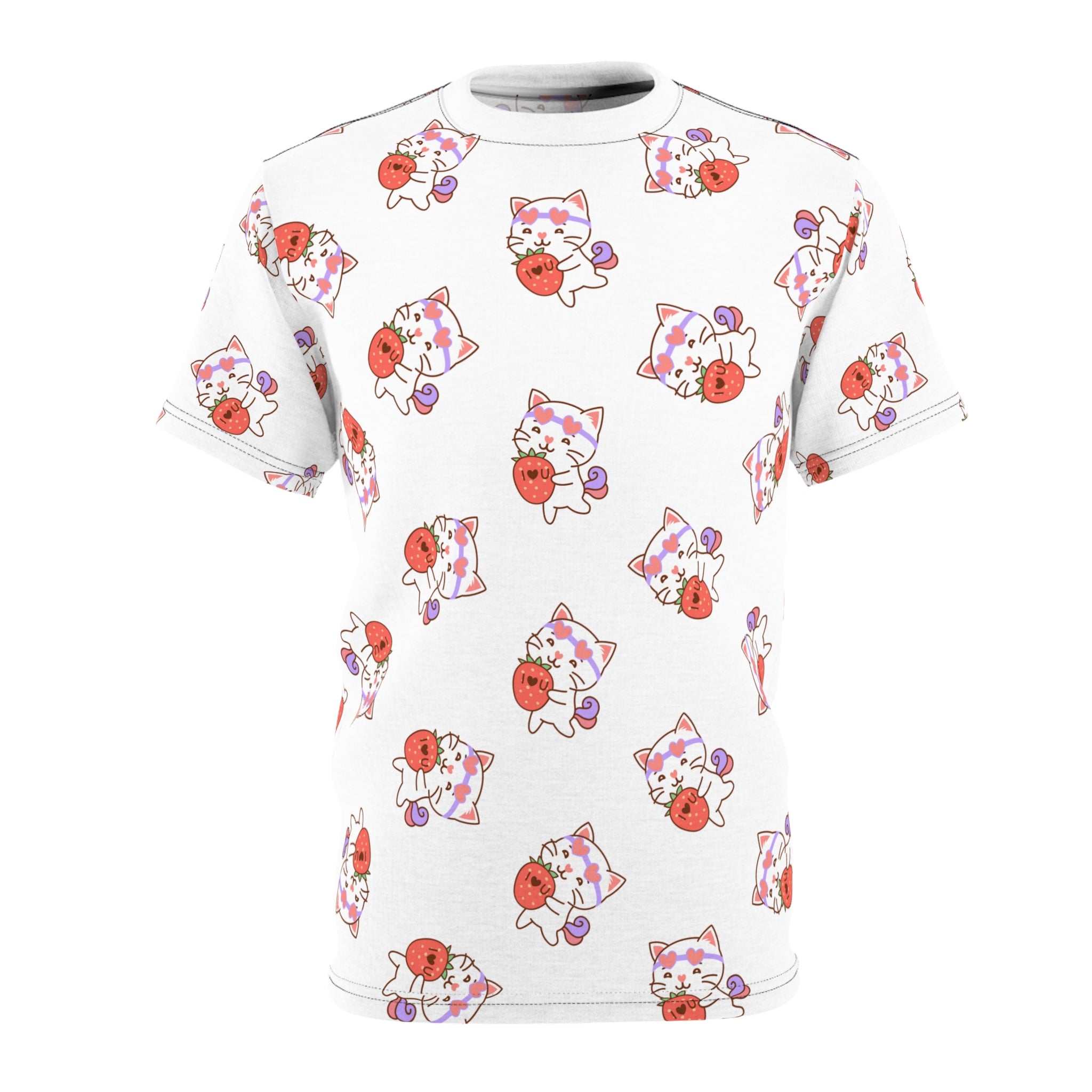 Cute Cat with Strawberry I Love you T-Shirt, Funny Cat Lover Tee, Graphic Cat Shirt, Kawaii Kitty Top, Cat and Fruit Design