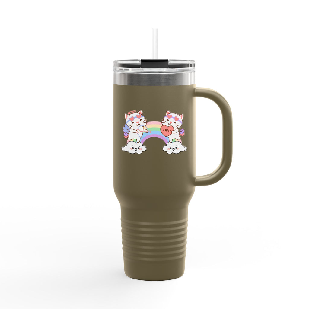 Cupido Cat Rainbow Heart Love Insulated Travel Mug, 40oz - Cute Kitty Space Cup, Valentine's Gift, Coffee Tea Tumbler, Cat Lover Present