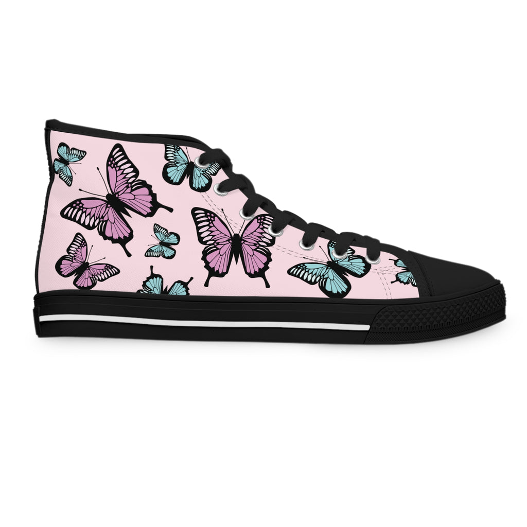 Light Pink Butterfly Pattern High Top Sneakers - Women's Fashion Shoes, Cute Pink Sneaker Boots, Butterfly Print Sneaker Shoes