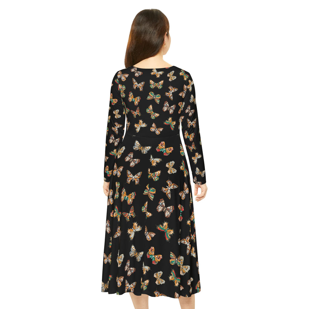Butterflies Pattern Dance Dress, Black Women's Long Sleeve Ballroom Dancing Gown, Evening Dance Costume, Elegant Butterfly Print Dress