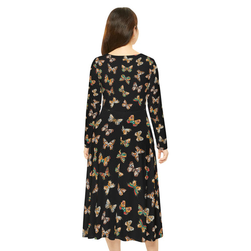 Butterflies Pattern Dance Dress, Black Women's Long Sleeve Ballroom Dancing Gown, Evening Dance Costume, Elegant Butterfly Print Dress