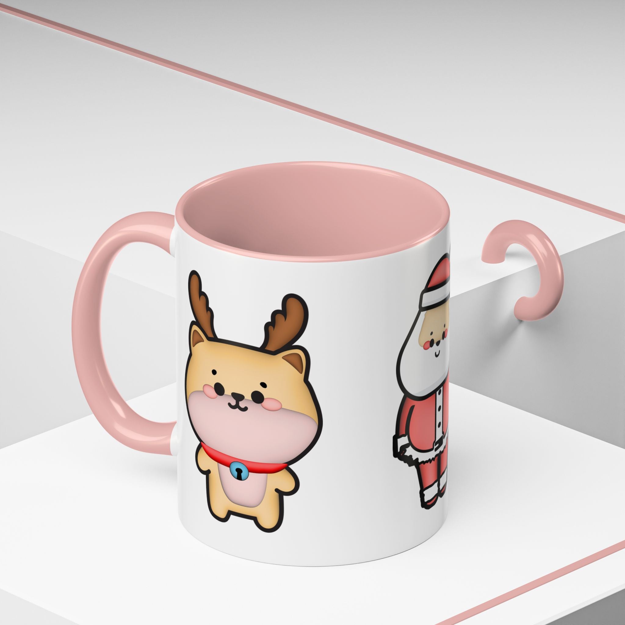 Kawaii Santa Claus With Reindeers Accent Coffee Mug, Christmas Coffee Cup, Holiday Mug, Festive Drinkware, Ceramic Tea Mug