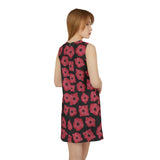 Poppy Pattern Dress, Floral Summer Dress, Red Flower Sundress, Sleeveless Midi Dress, Women's Casual Fashion