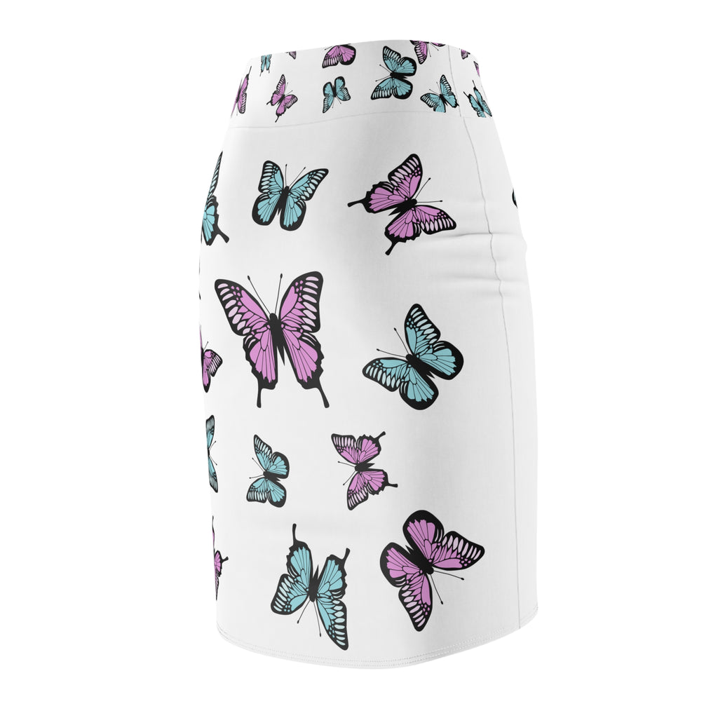 Butterfly Pattern Women's Pencil Skirt, White Background, Stylish Fashion, Trendy Apparel, Office Wear, Gift for Her
