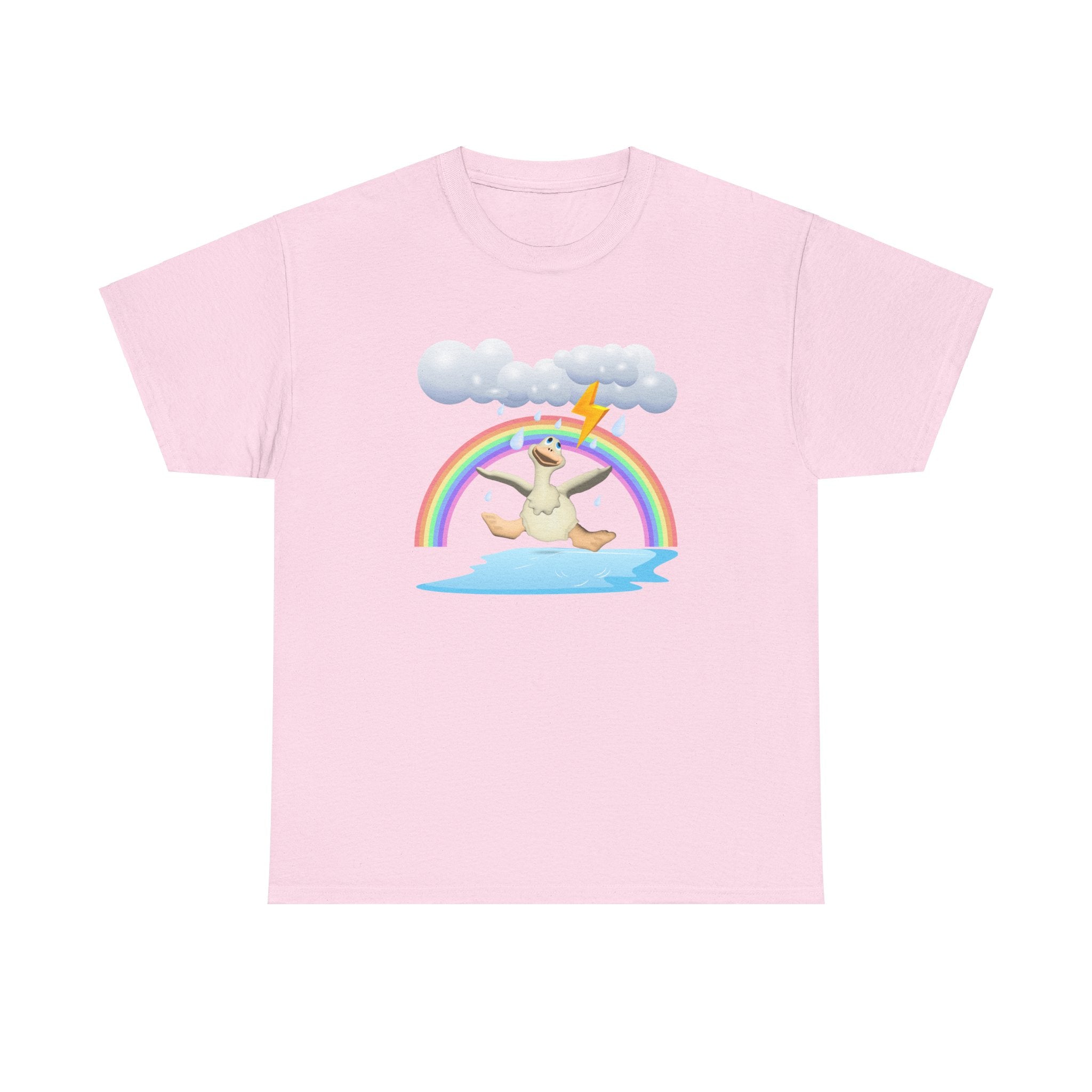 Crazy duck in rainy weather with rainbows and lightning Heavy Cotton Tee