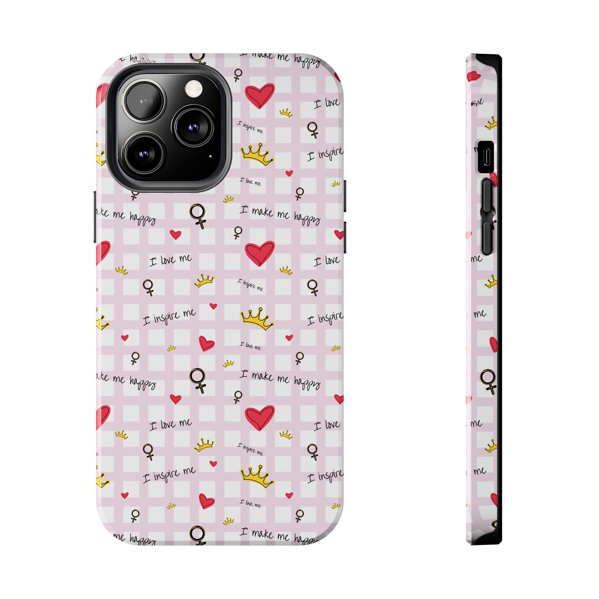 Cozy Hearts & Crowns Phone Case, Heart Design Protective Phone Cover, Crown Pattern Tough Case, Girly Phone Accessories, Valentine's Day