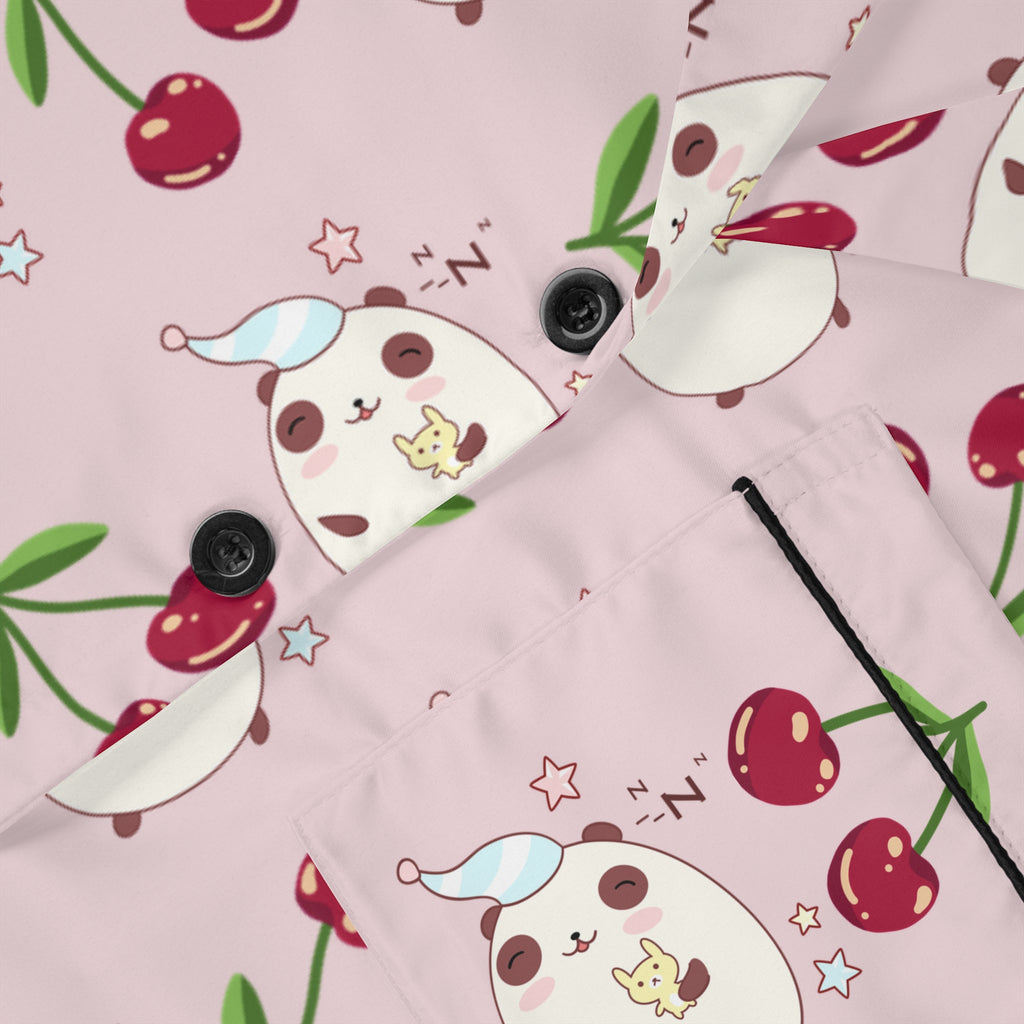 Kawaii Sleeping Bears with Cherries Pink Pajama Set, Satin PJs, Cute Sleepwear, Women's Loungewear, Gift for Her