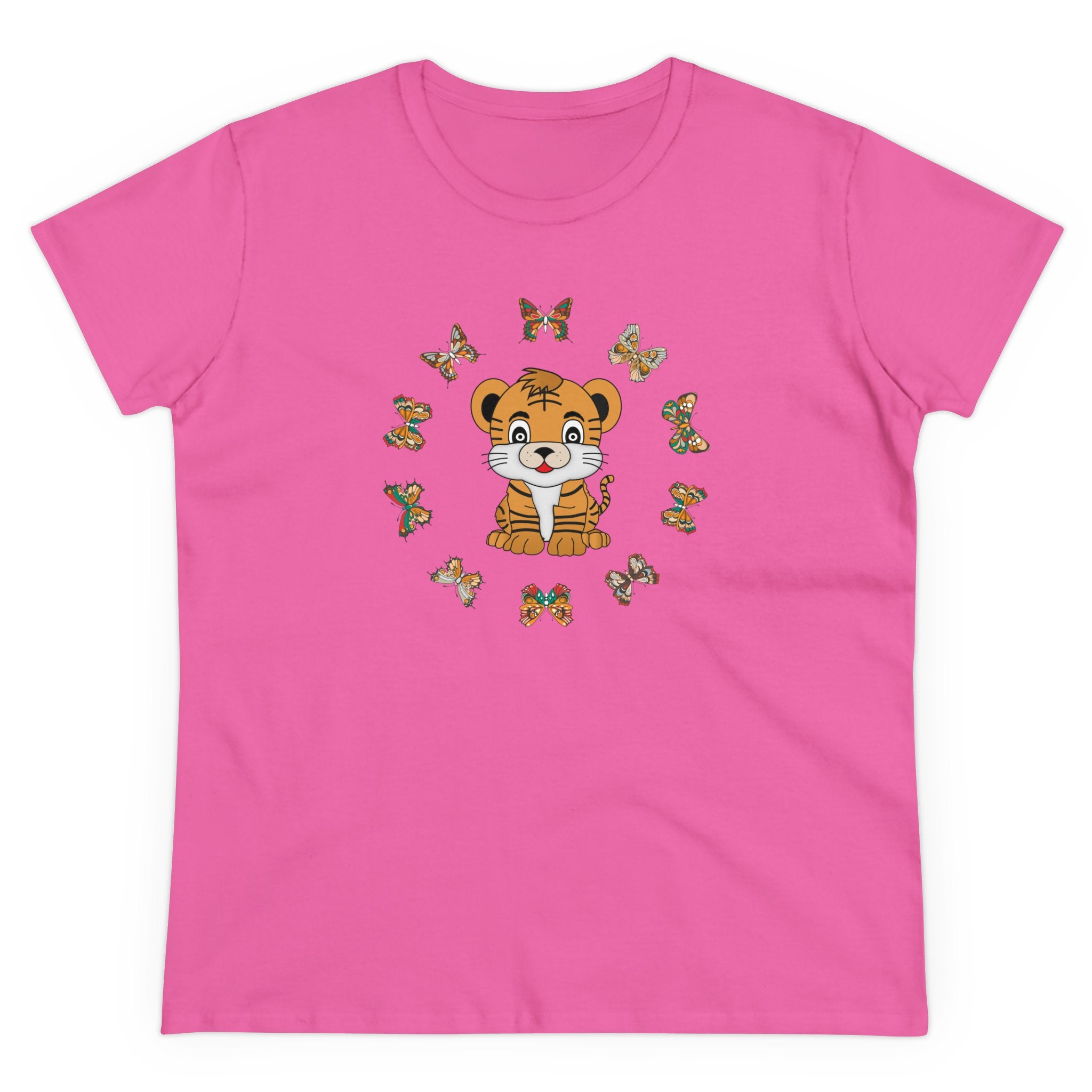 Kawaii Tiger in Butterflies Circle Tee, Women's Clothing, Cute Animal Graphic Shirt, Short Sleeve Top, Casual Wear