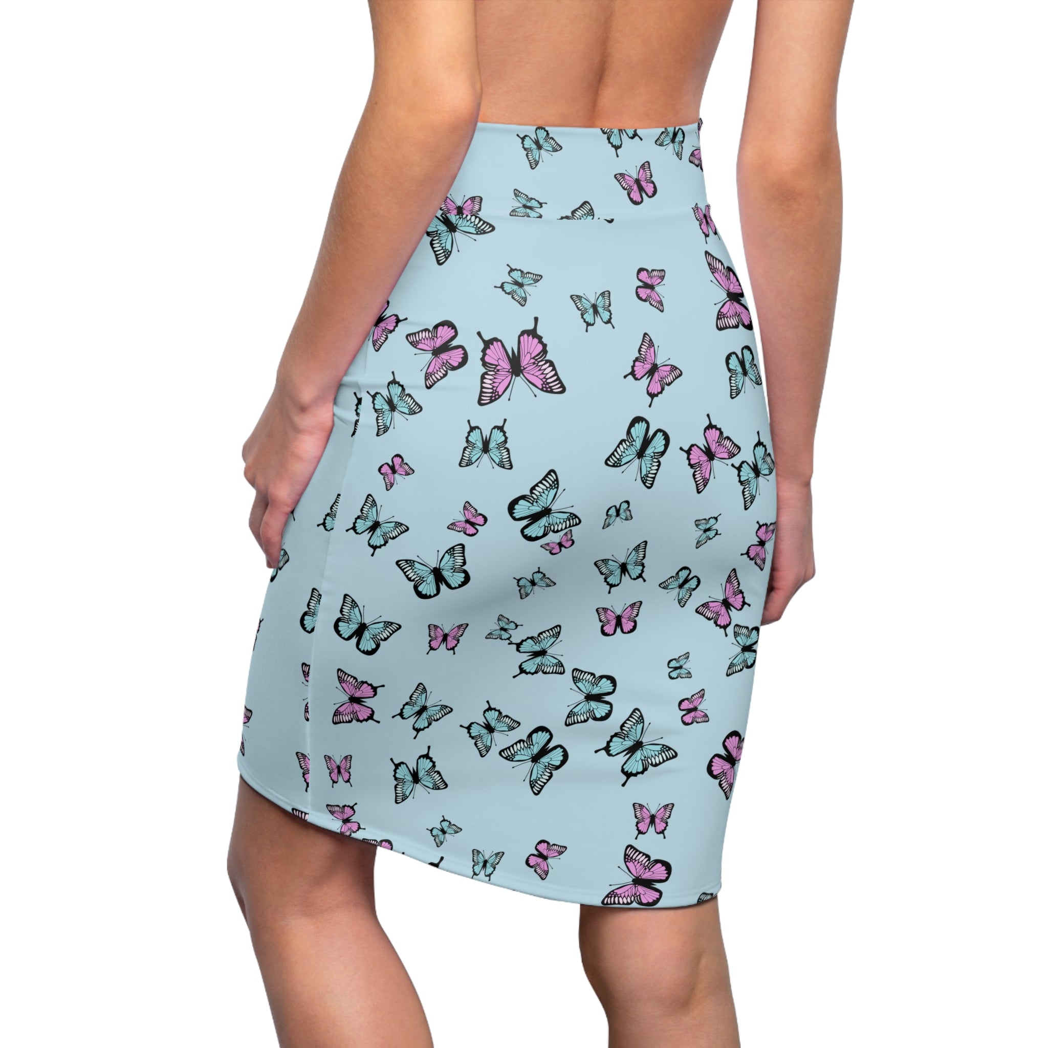 Butterfly Pattern Blue Women's Pencil Skirt - Floral Print Stretchy Midi Skirt, Summer Fashion Apparel, Cute Insect Theme Clothes, Elegant
