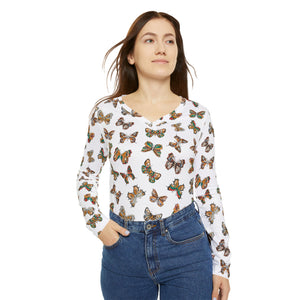 Butterflies Pattern Women's Long Sleeve V-neck Shirt - Floral Butterfly Tee, Spring Fashion Top, Nature Lover Gift, Cute Insect Print