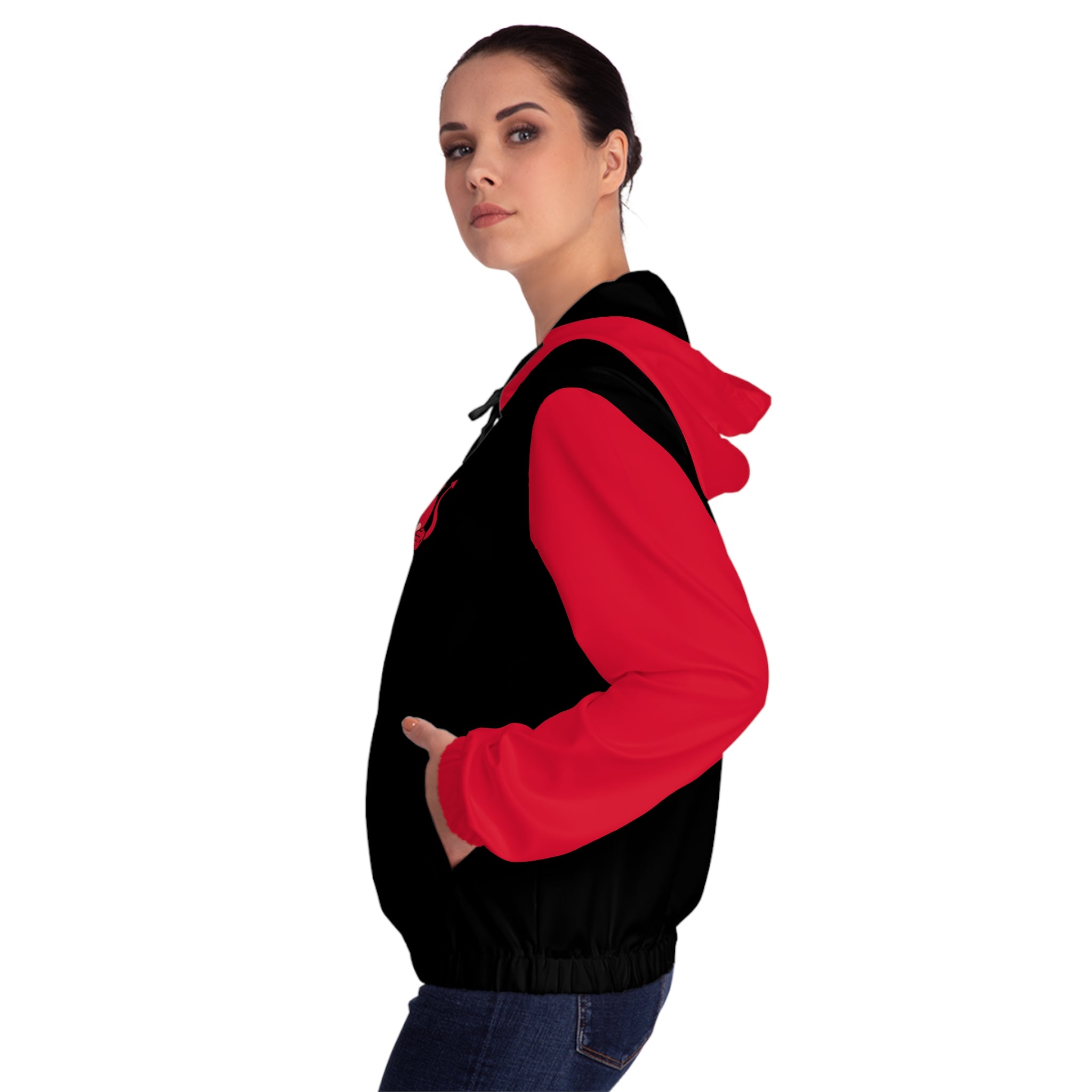 Kawaii Devil Full-Zip Hoodie, Red and Black Women's Sweatshirt