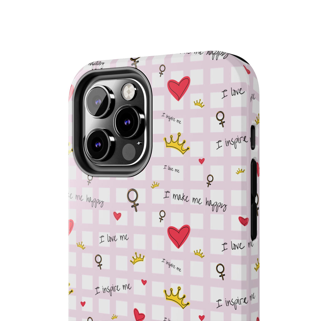 Cozy Hearts & Crowns Phone Case, Heart Design Protective Phone Cover, Crown Pattern Tough Case, Girly Phone Accessories, Valentine's Day