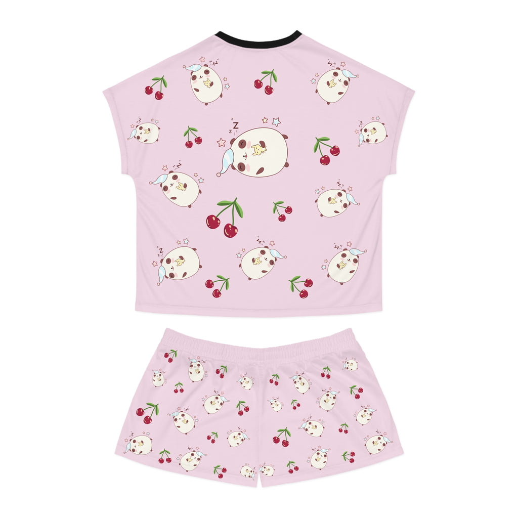 Kawaii Sleeping Bears with Cherries Pink Women's Short Pajama Set