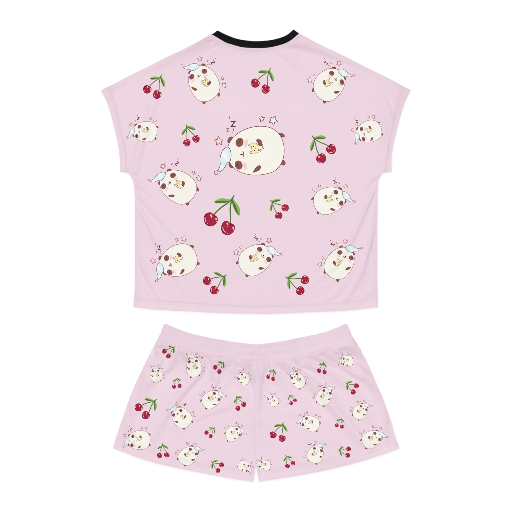 Kawaii Sleeping Bears with Cherries Pink Women's Short Pajama Set