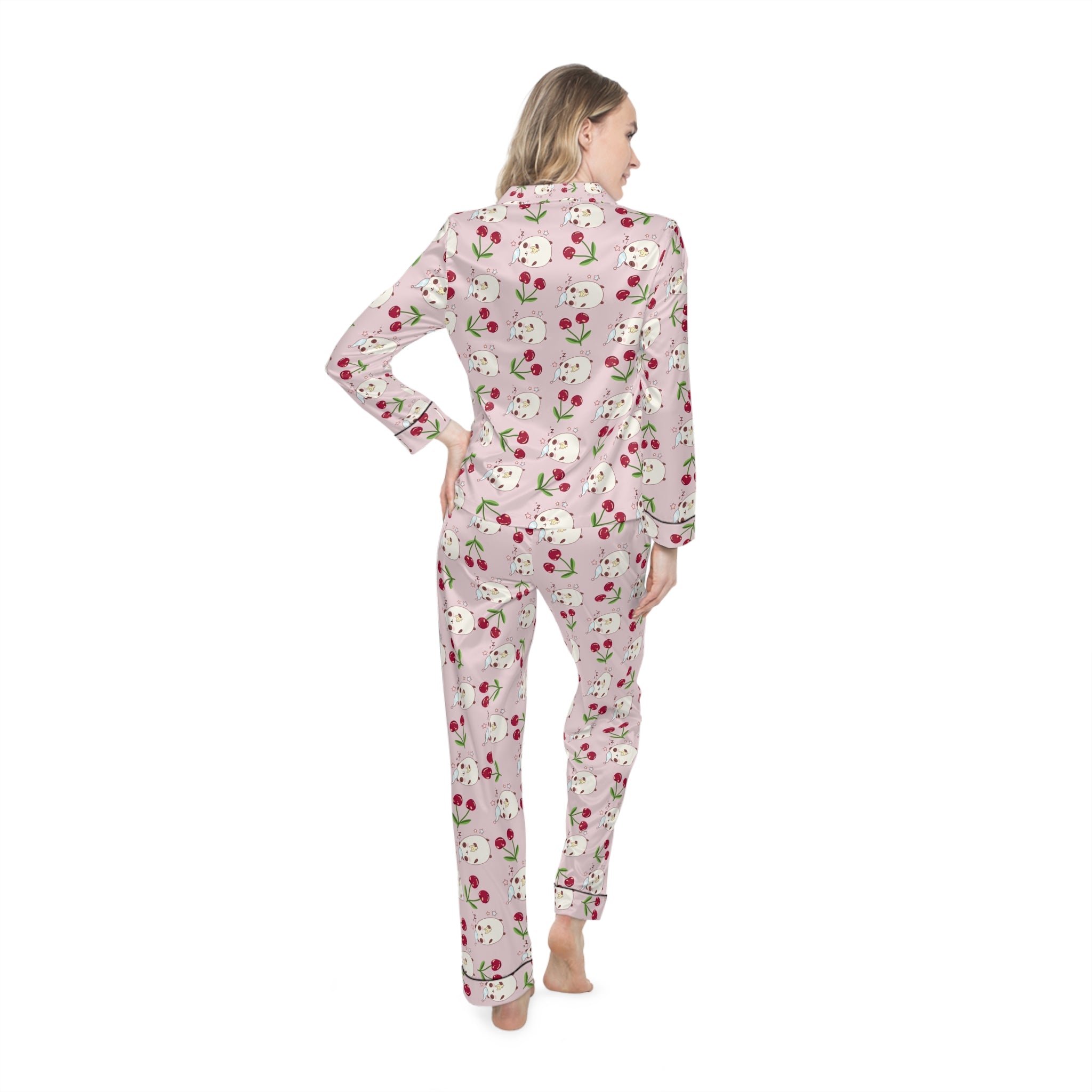 Kawaii Sleeping Bears with Cherries Pink Pajama Set, Satin PJs, Cute Sleepwear, Women's Loungewear, Gift for Her