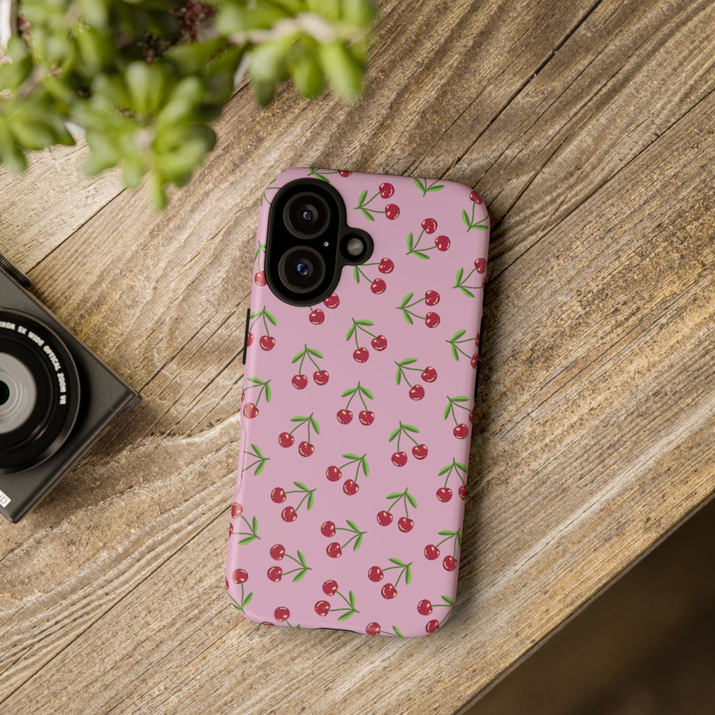 iPhone Cherry Pattern Phone Cases, Floral Tough Cover, Protective Smartphone Shell, Hard Case Gift for Her, Pretty Device Accessories