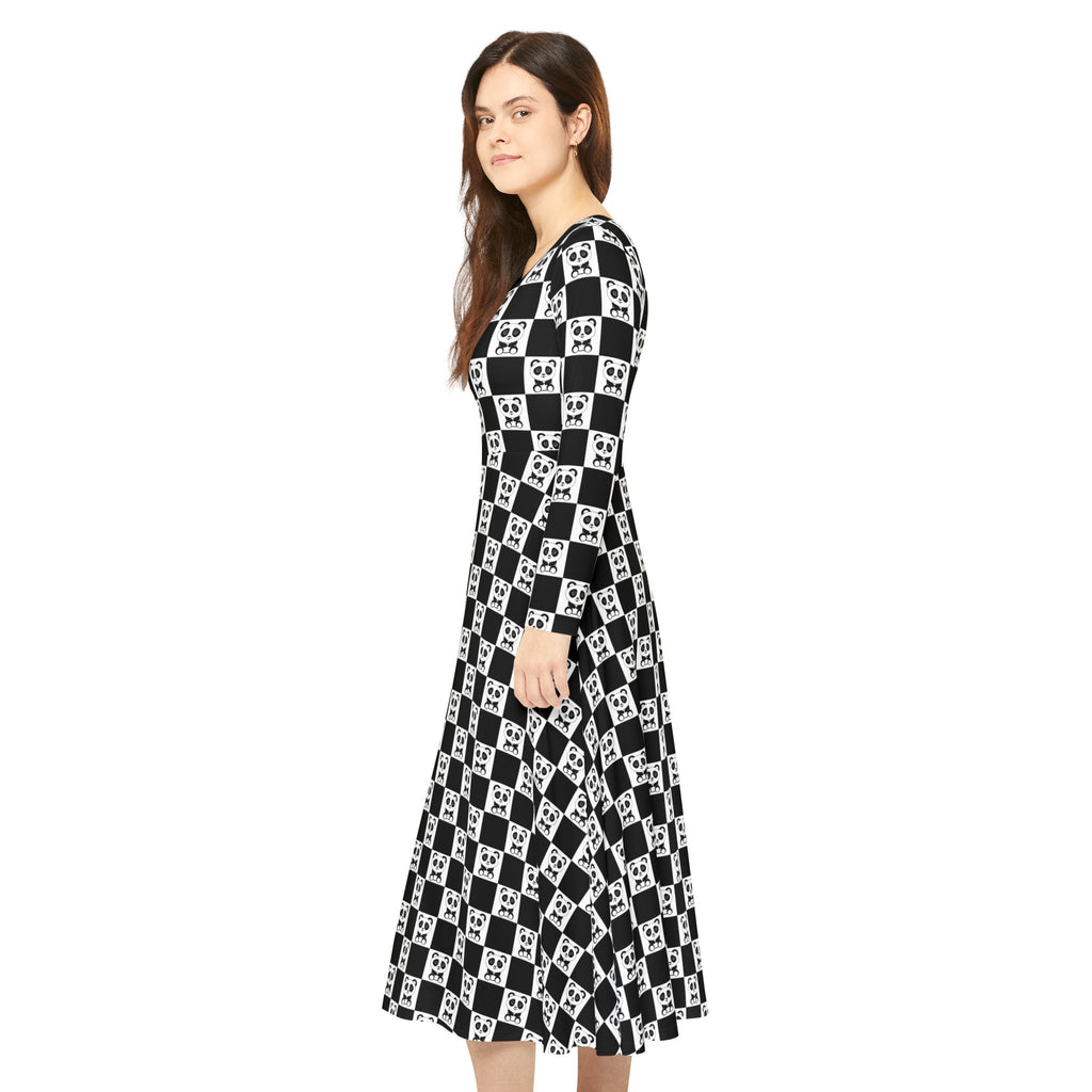 Pandas Chessboard Dance Dress, Women's Long Sleeve, Panda Lover Gift, Cute Animal Outfit, Black and White Costume, Fun Chessboard Design