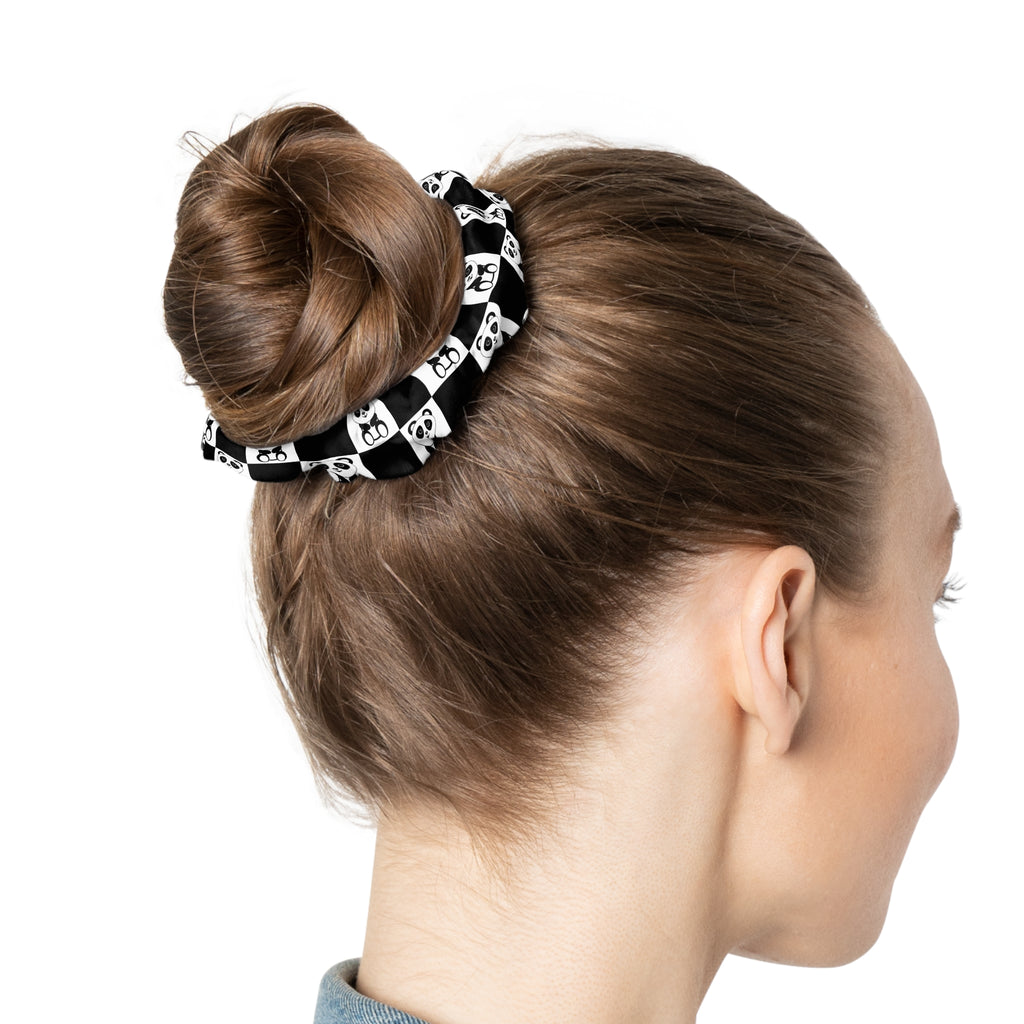 Pandas Chessboard Scrunchie, Cute Panda Hair Tie, Black and White Scrunchie, Animal Print Hair Accessory, Bamboo Bear Elastic Band
