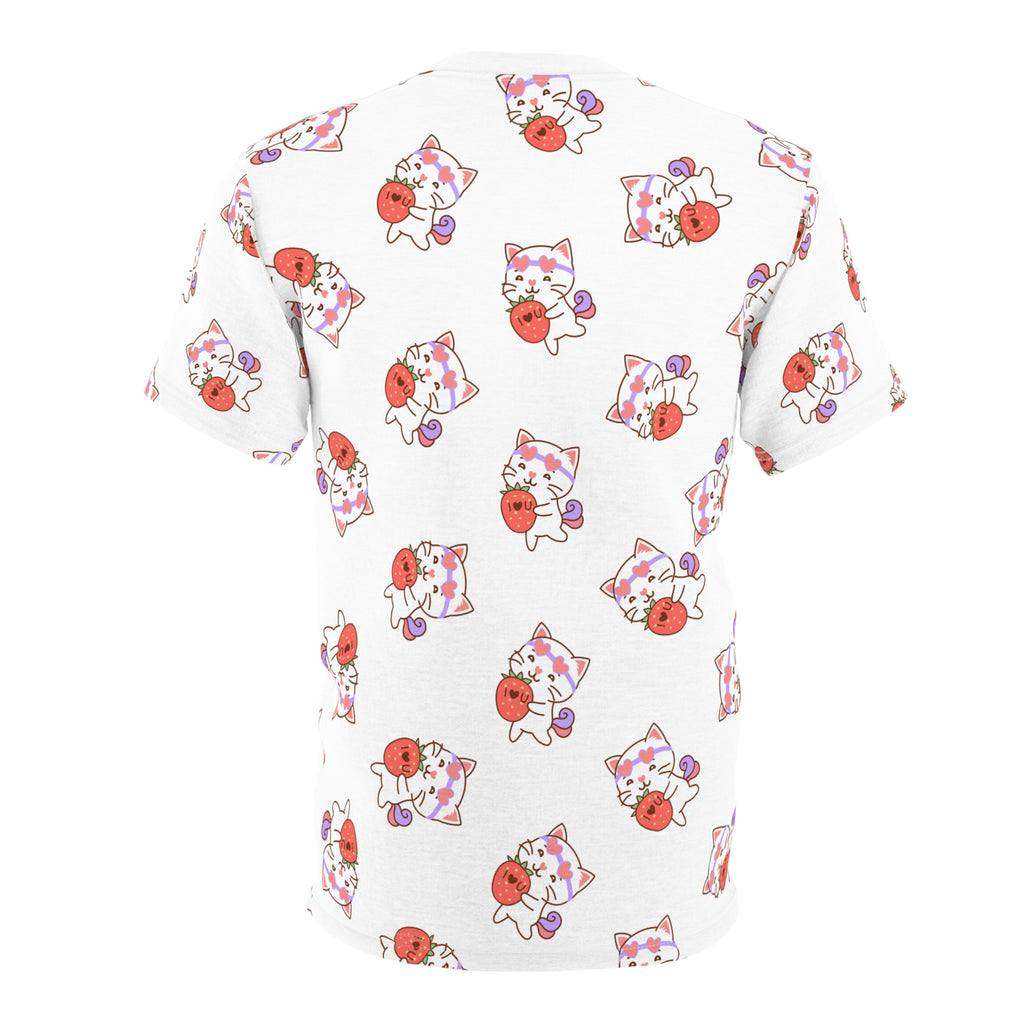 Cute Cat with Strawberry I Love you T-Shirt, Funny Cat Lover Tee, Graphic Cat Shirt, Kawaii Kitty Top, Cat and Fruit Design