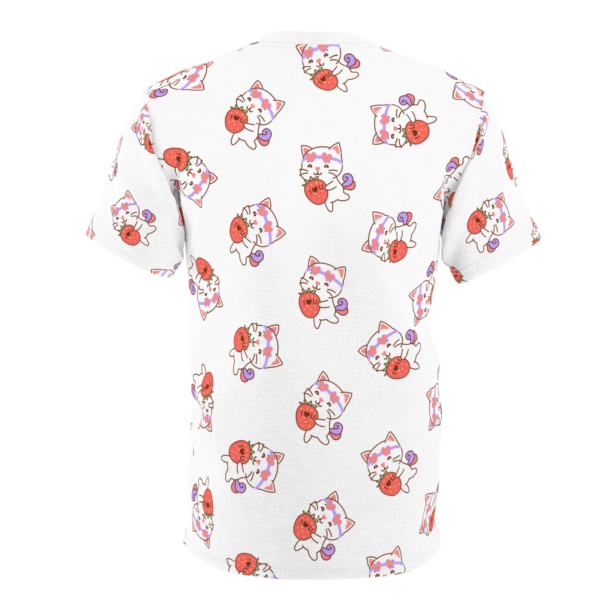 Cute Cat with Strawberry I Love you T-Shirt, Funny Cat Lover Tee, Graphic Cat Shirt, Kawaii Kitty Top, Cat and Fruit Design