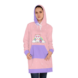 Kawaii Cat Women's Hoodie Dress with Heart Glasses and Rainbow, Cute Hooded Tunic Sweatshirt, Cat Lover Gift, Rainbow Kitty Dress, Heart