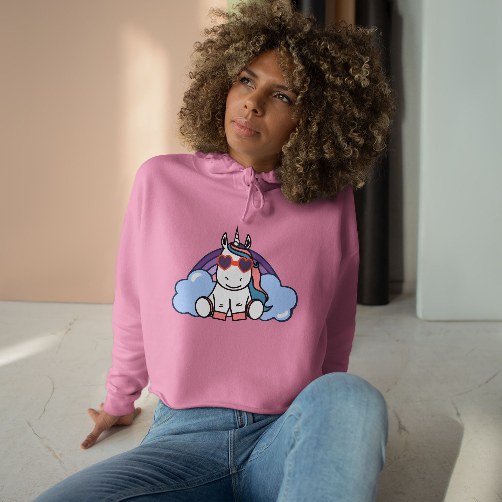 Unicorn with Rainbow Crop Hoodie - Magical Fantasy Lightweight Sweatshirt, Teens Girls Fashion Pullover, Colorful Trendy Jumper, Cute