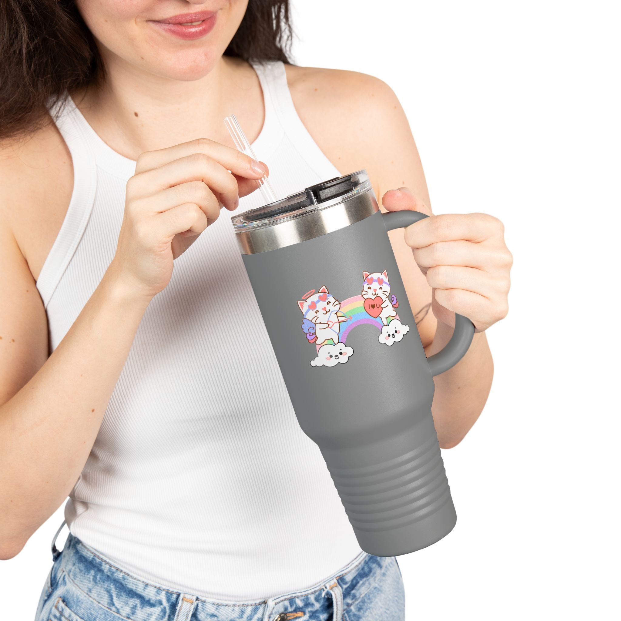 Cupido Cat Rainbow Heart Love Insulated Travel Mug, 40oz - Cute Kitty Space Cup, Valentine's Gift, Coffee Tea Tumbler, Cat Lover Present