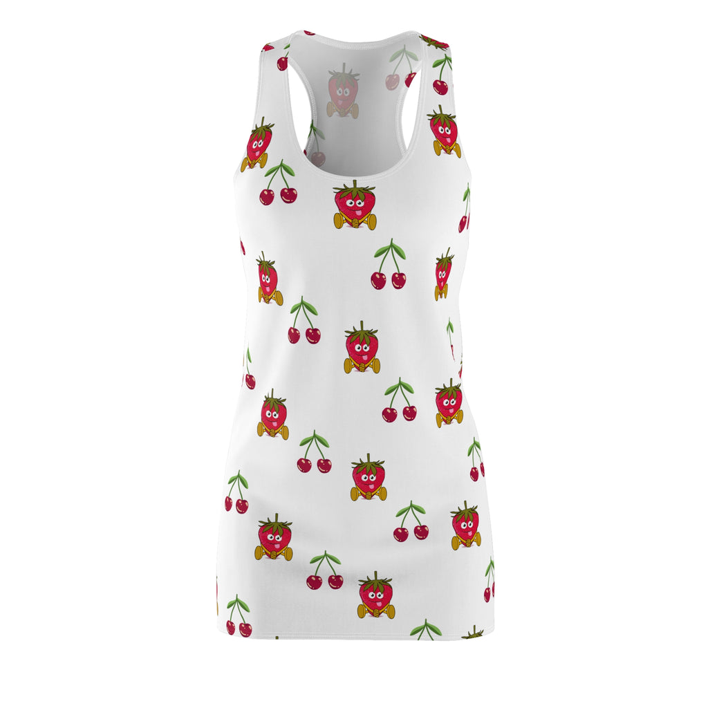 Fruit Print Dress, Summer Racerback Dress, Strawberry Cherry Sleeveless Dress, Women's Garden Party Outfit, Floral Summer Dress