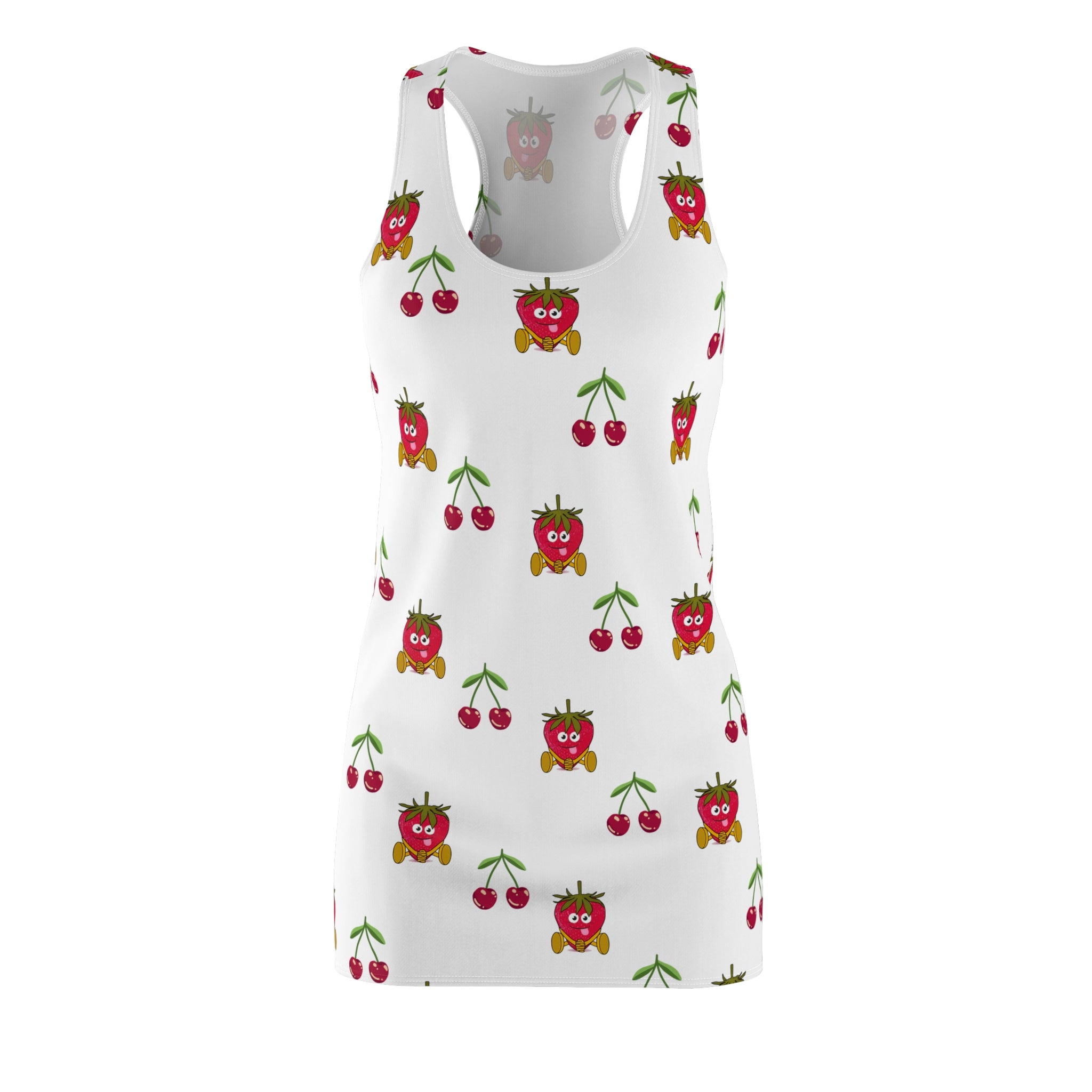 Fruit Print Dress, Summer Racerback Dress, Strawberry Cherry Sleeveless Dress, Women's Garden Party Outfit, Floral Summer Dress