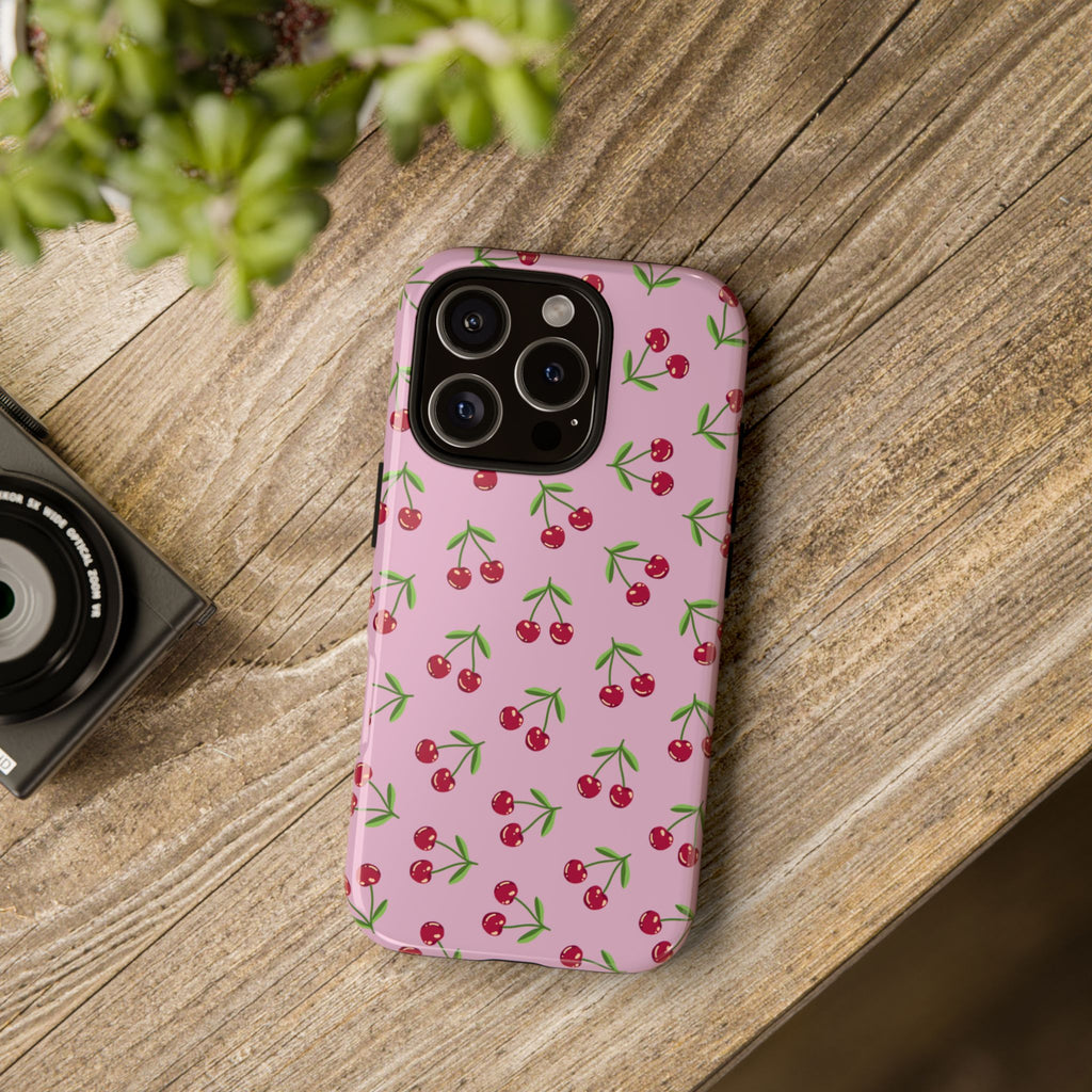 iPhone Cherry Pattern Phone Cases, Floral Tough Cover, Protective Smartphone Shell, Hard Case Gift for Her, Pretty Device Accessories