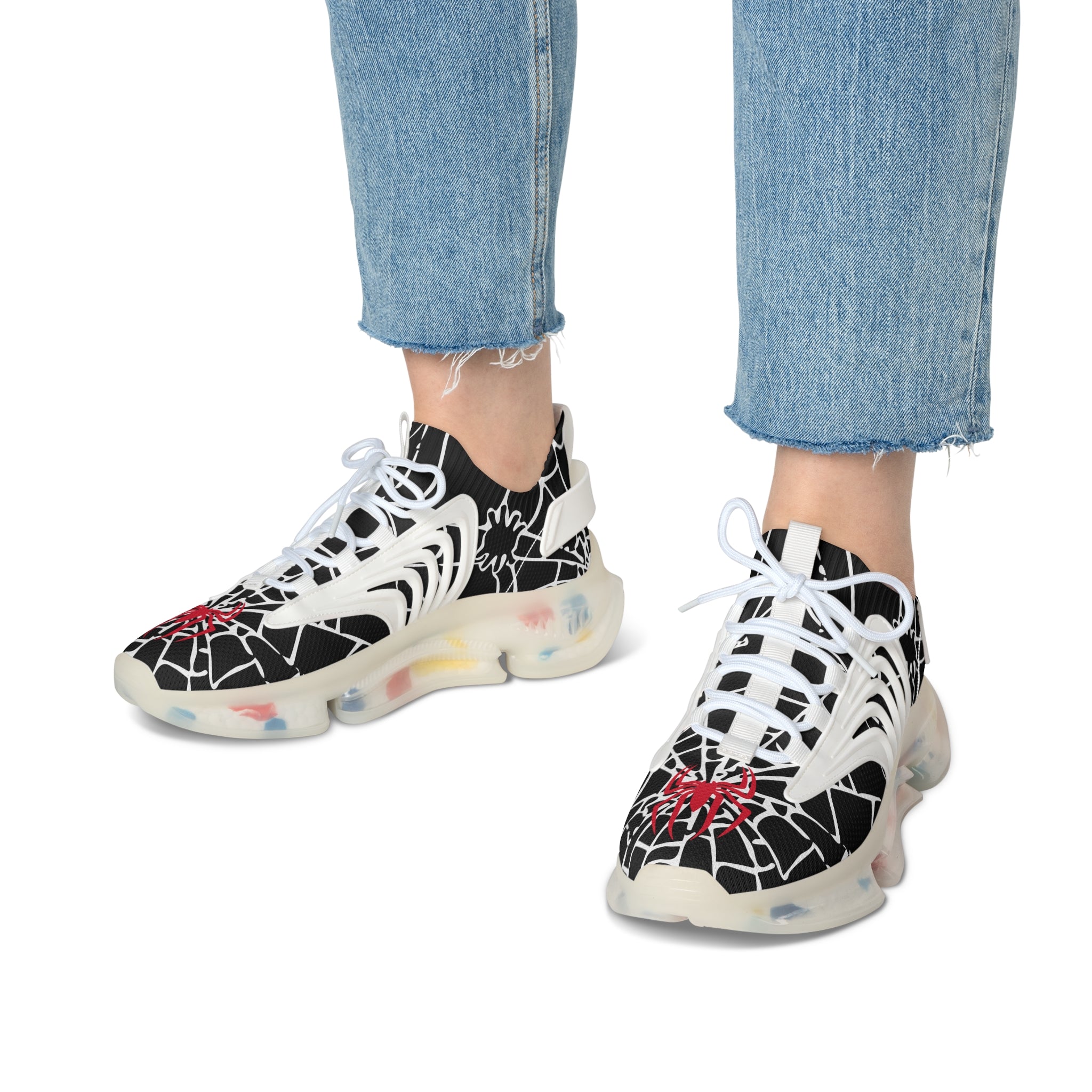 Red and white spiders on a spider's web Mesh Sneakers - Spider Web Women's Sneakers