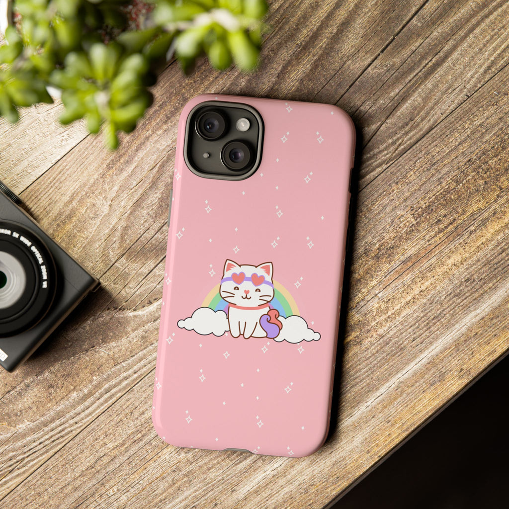 Kawaii Cat Rainbow Tough Cases, Cute Kitty Phone Cover, Protective Phone Case, Adorable Cat Lover Gift, Fun Rainbow Cat Phone Accessories