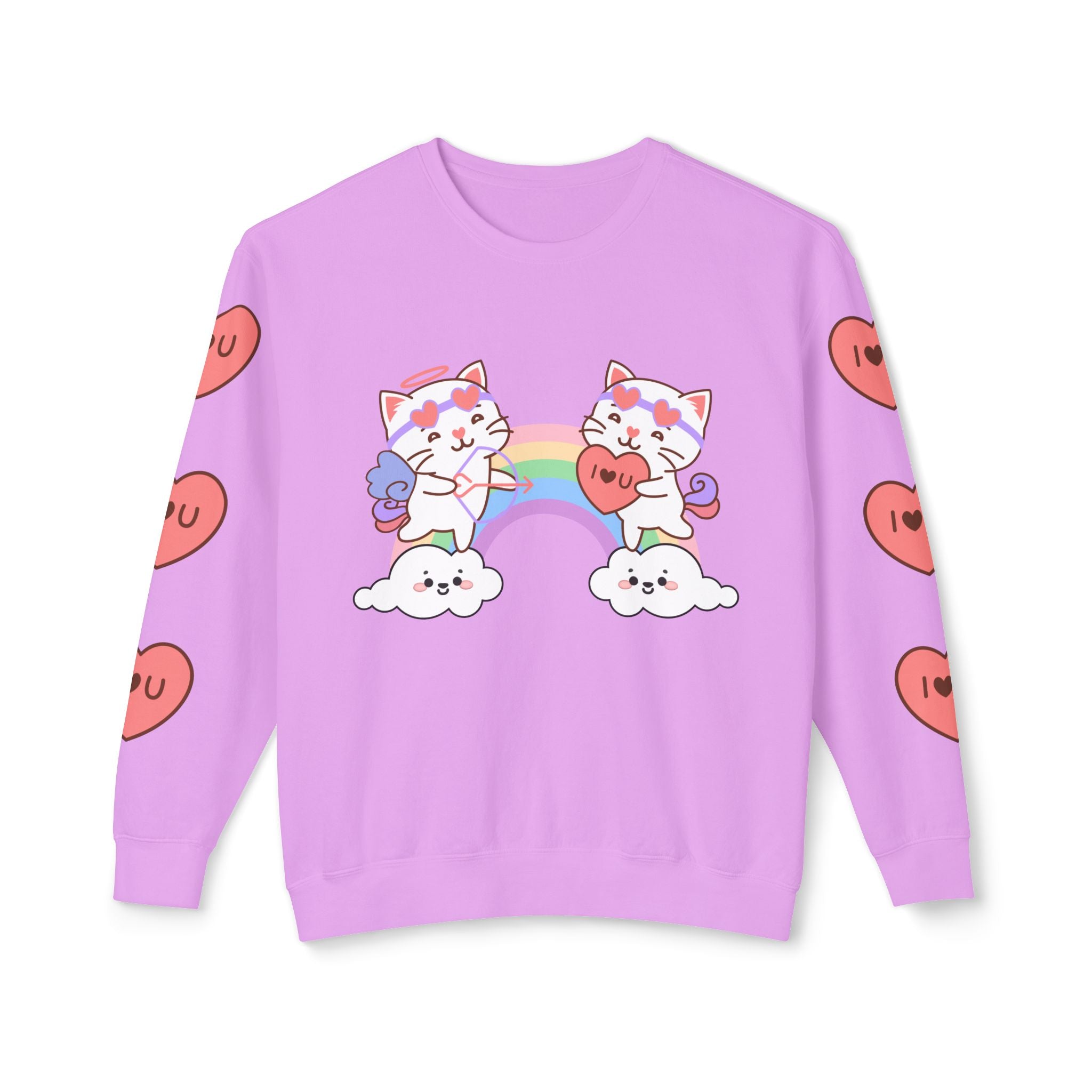 Cupido Cat Rainbow Sweatshirt, Lightweight Crewneck Jumper, Heart Love Gift, I Love You Clothing