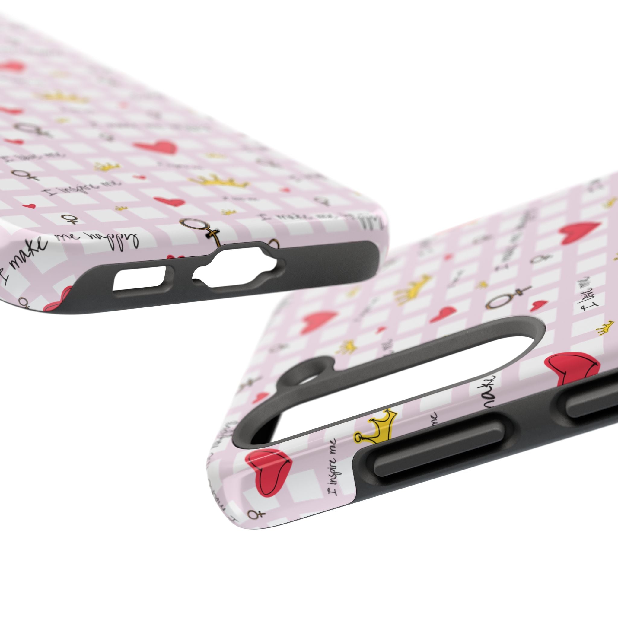 Cozy Hearts & Crowns Phone Case, Heart Design Protective Phone Cover, Crown Pattern Tough Case, Girly Phone Accessories, Valentine's Day