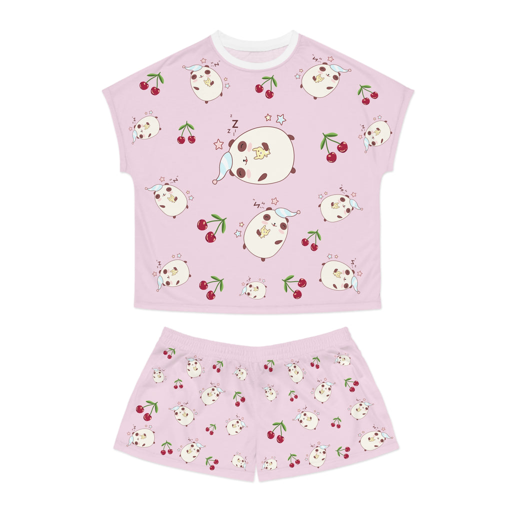 Kawaii Sleeping Bears with Cherries Pink Women's Short Pajama Set