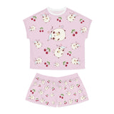 Kawaii Sleeping Bears with Cherries Pink Women's Short Pajama Set