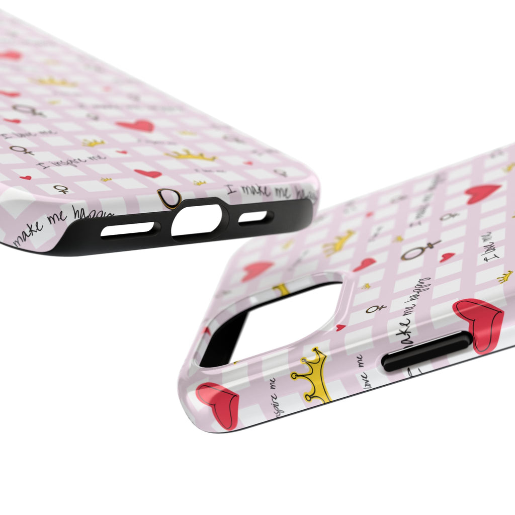 Cozy Hearts & Crowns Phone Case, Heart Design Protective Phone Cover, Crown Pattern Tough Case, Girly Phone Accessories, Valentine's Day