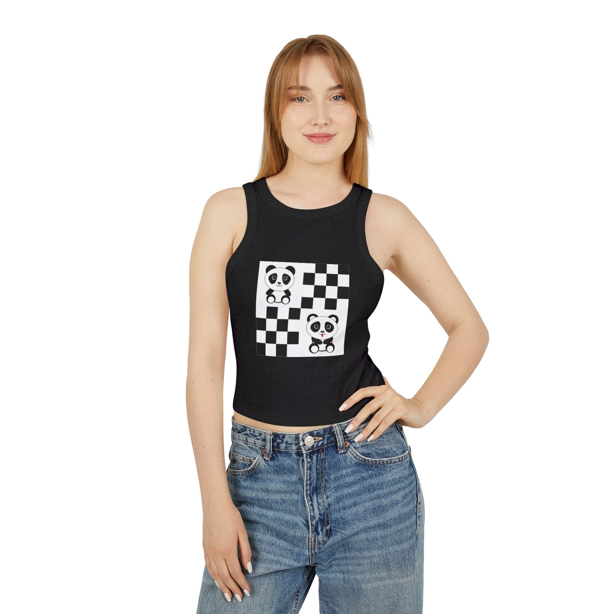 Kawaii Pandas Chessboard Tank Top, Cute Panda Shirt, Women's Summer Top, Sleeveless Shirt, Hipster Animal Print Tee