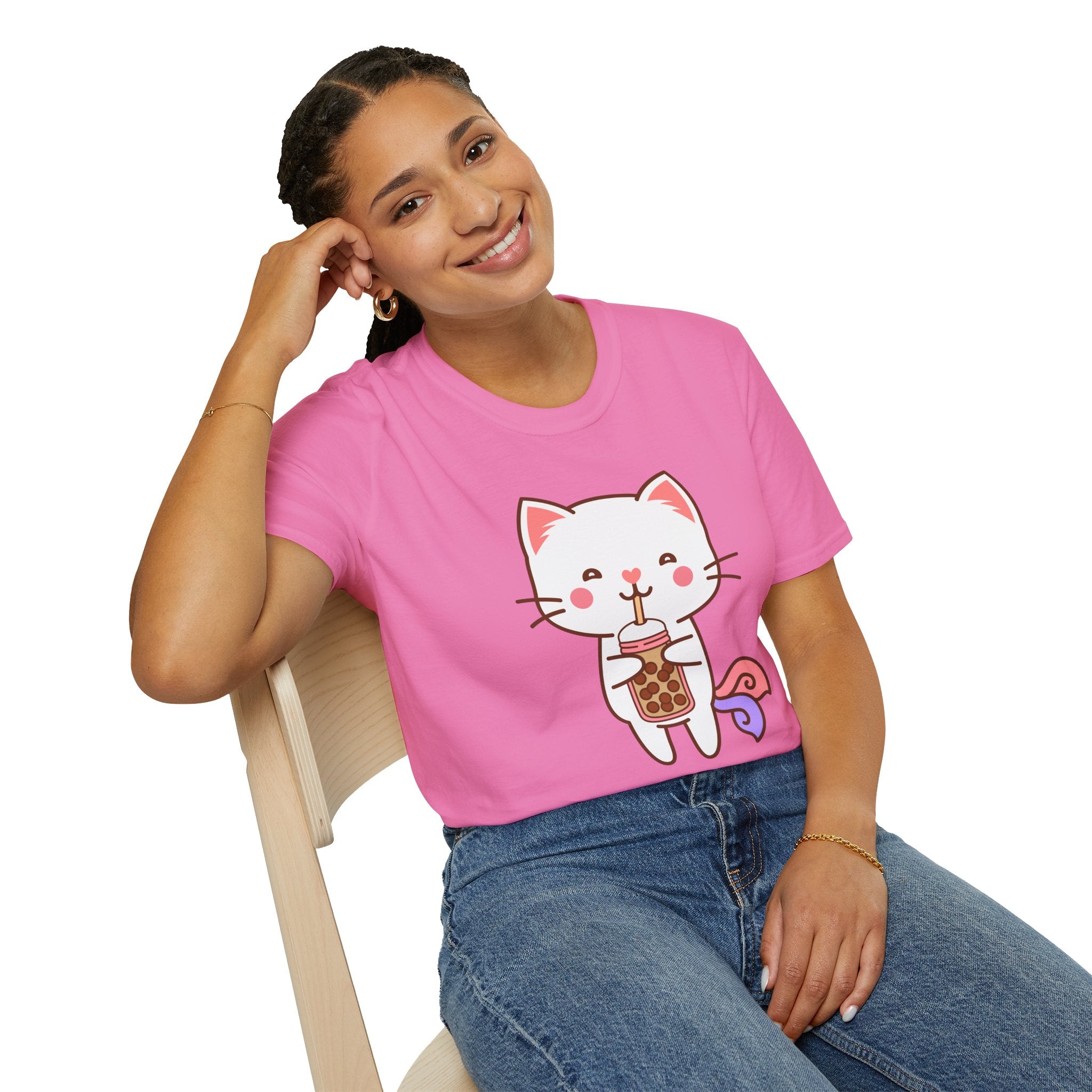 Cat Boba Tea Bubble Tea Anime Kawaii Neko Softstyle T-Shirt, Cute Japanese Kitty Drink Tee, Fun Cartoon Cat Lover Shirt, Trendy