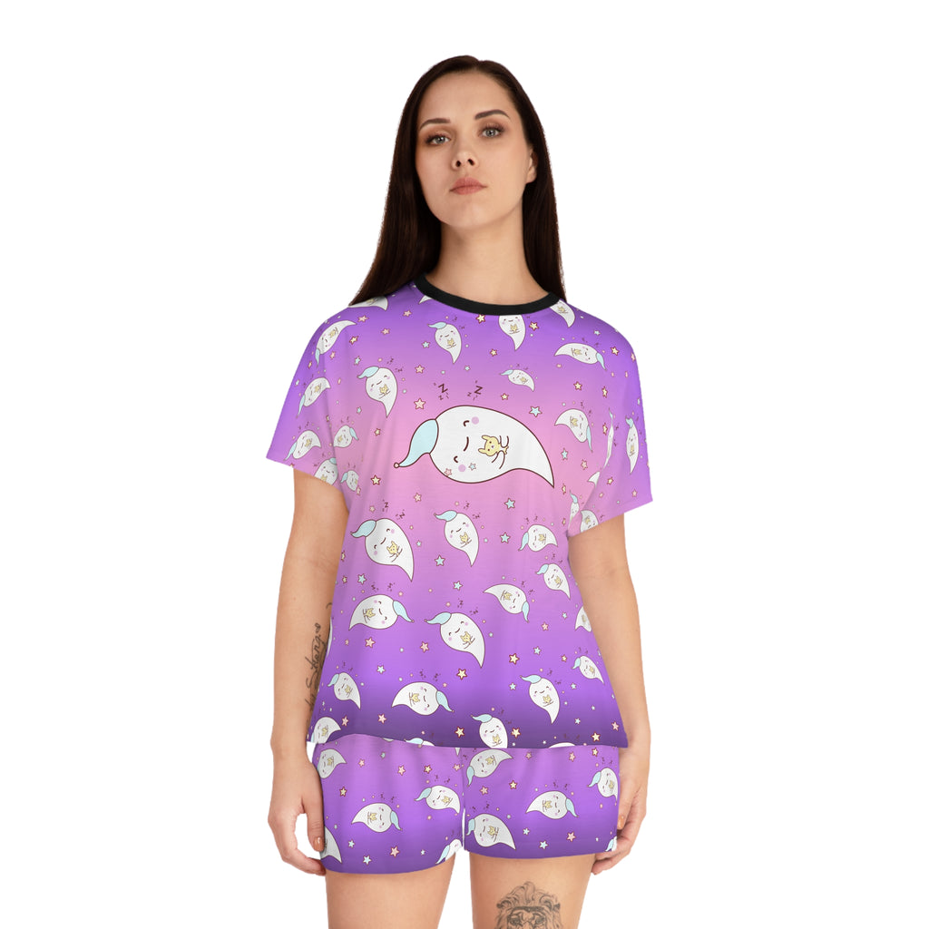 Ghost Print Women's Pajama Set - Short Sleeve Sleepwear for Her - Cute Pajamas