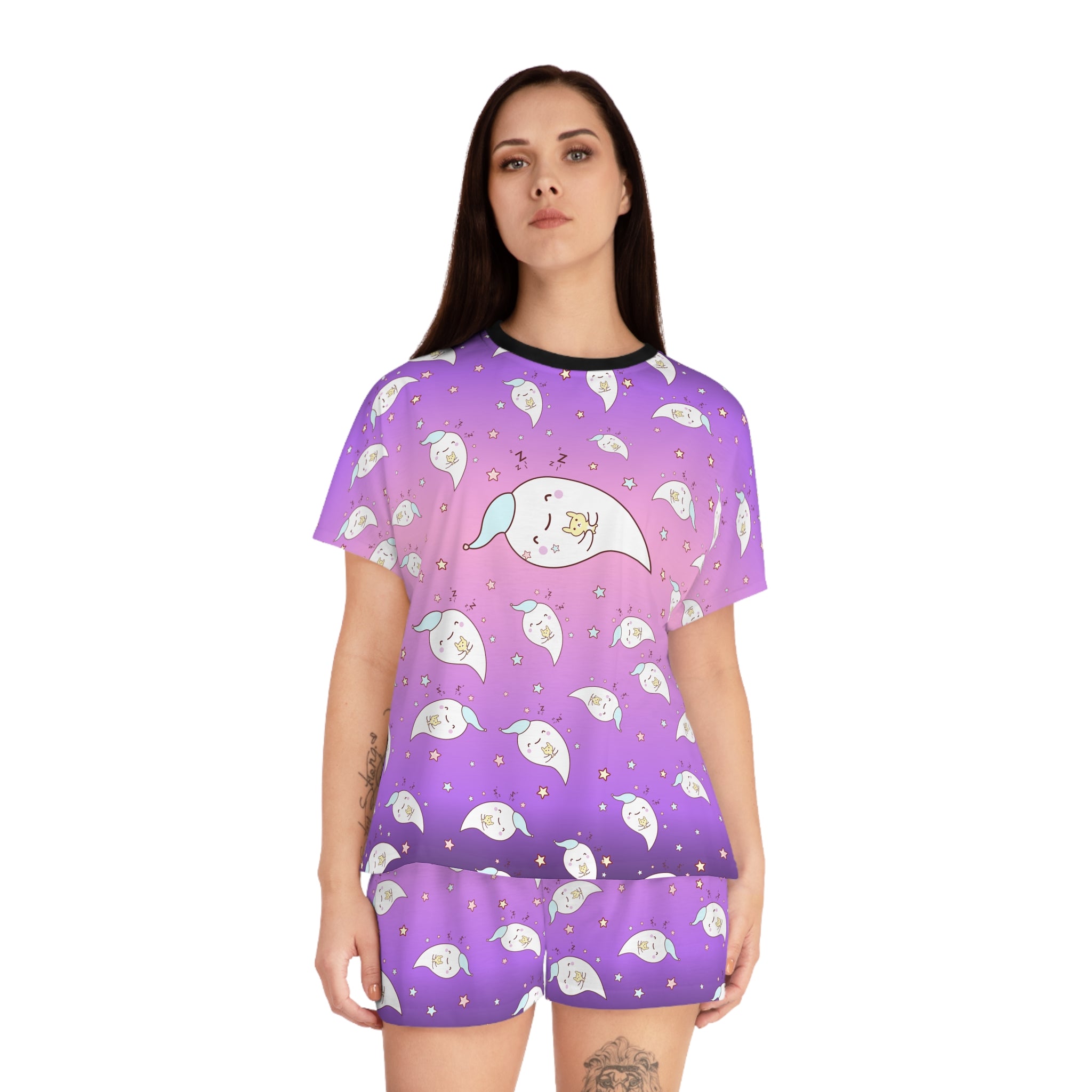 Ghost Print Women's Pajama Set - Short Sleeve Sleepwear for Her - Cute Pajamas