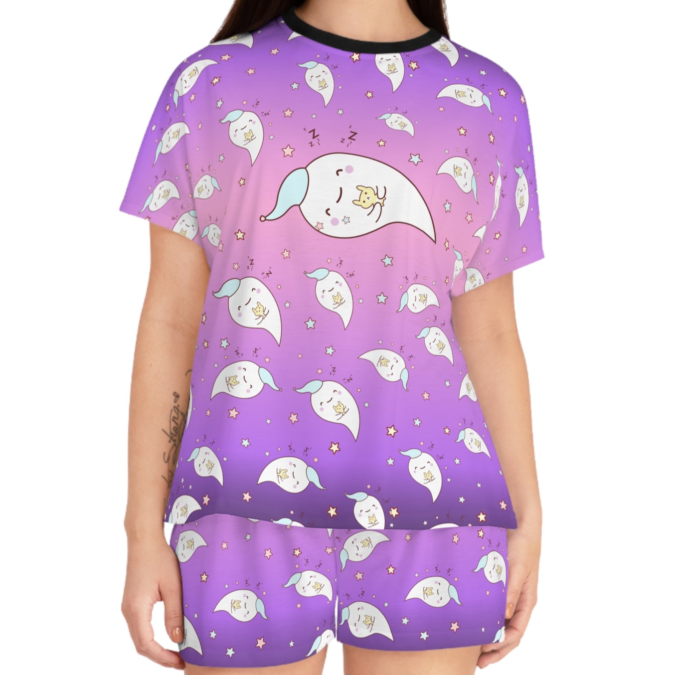 Ghost Print Women's Pajama Set - Short Sleeve Sleepwear for Her - Cute Pajamas