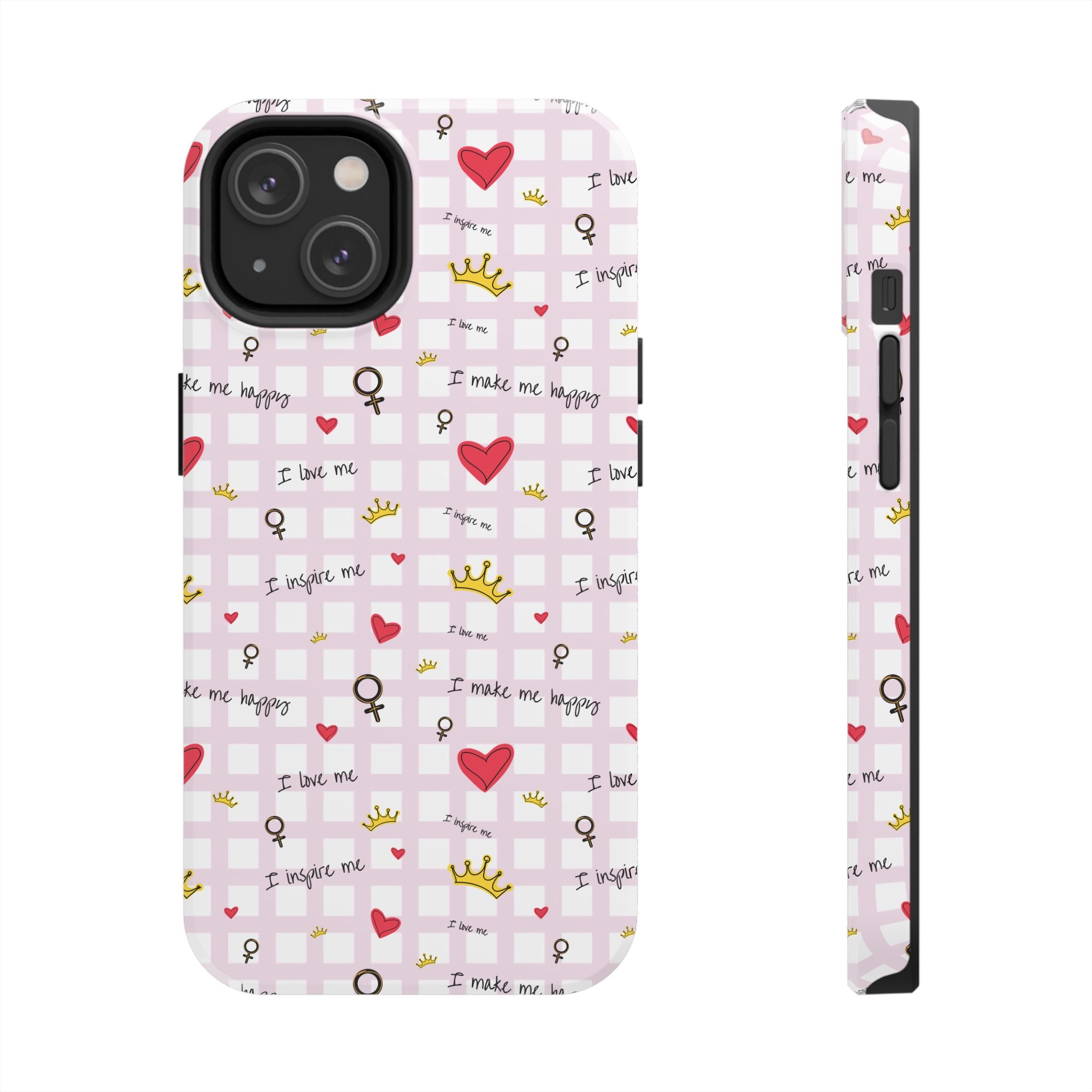Cozy Hearts & Crowns Phone Case, Heart Design Protective Phone Cover, Crown Pattern Tough Case, Girly Phone Accessories, Valentine's Day