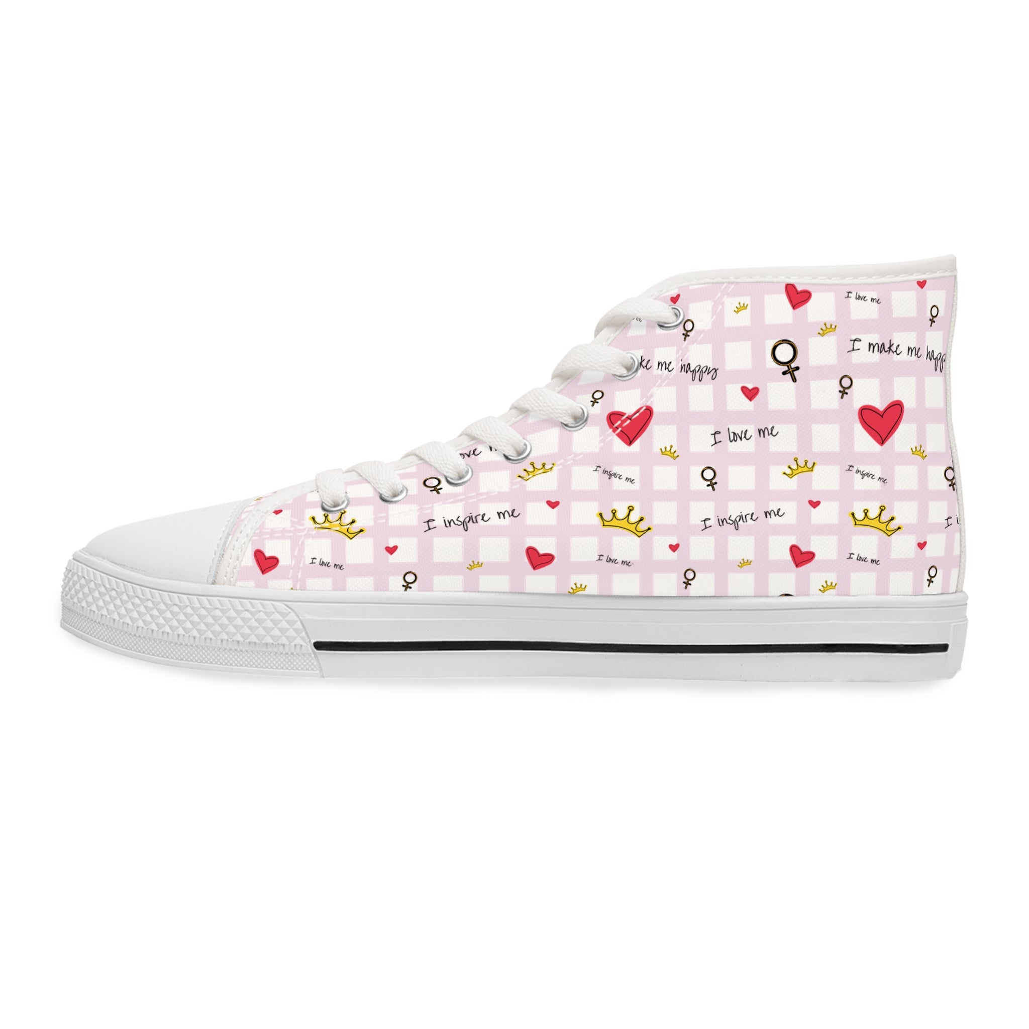 Cozy Hearts & Crowns High Top Sneakers for Women - Cute Heart Patterned Sneaker Shoes, Comfy Crown Design, Best Gift for Her, Trendy Casual