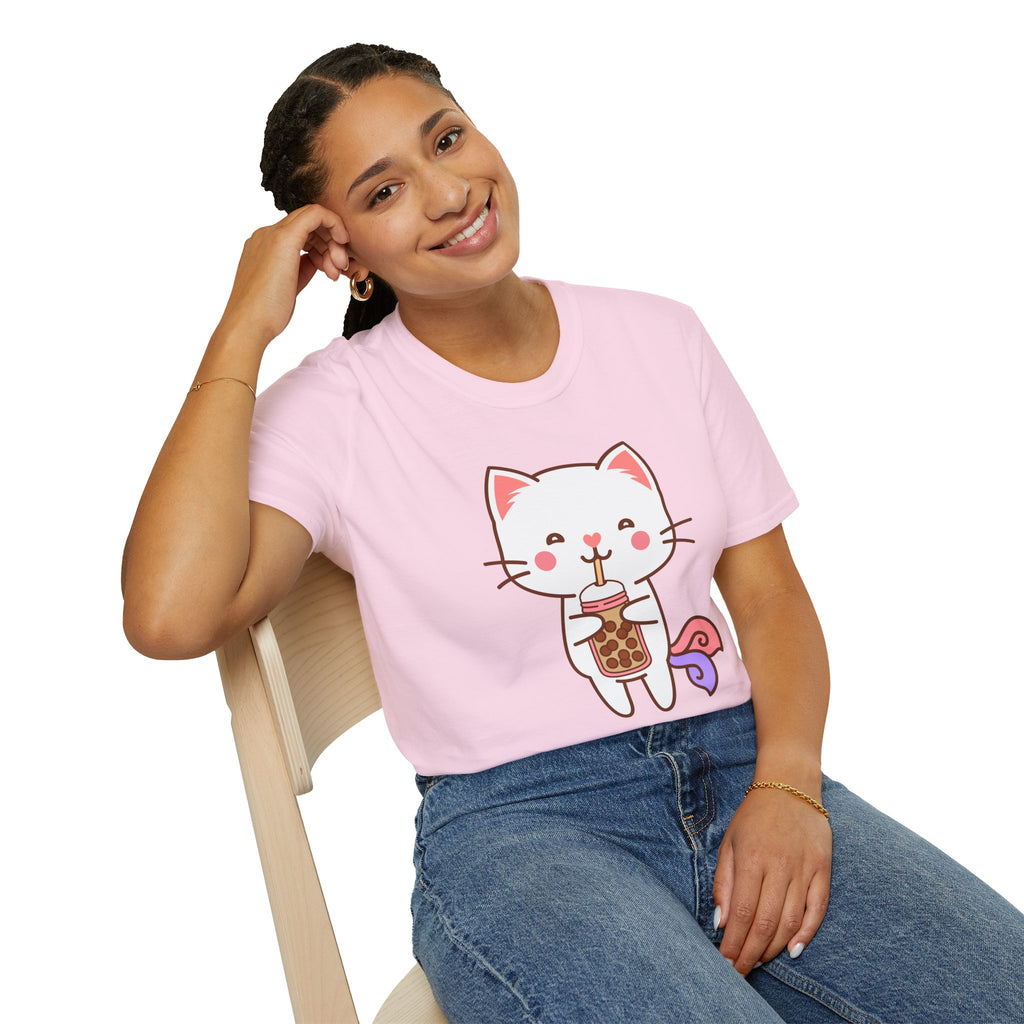 Cat Boba Tea Bubble Tea Anime Kawaii Neko Softstyle T-Shirt, Cute Japanese Kitty Drink Tee, Fun Cartoon Cat Lover Shirt, Trendy