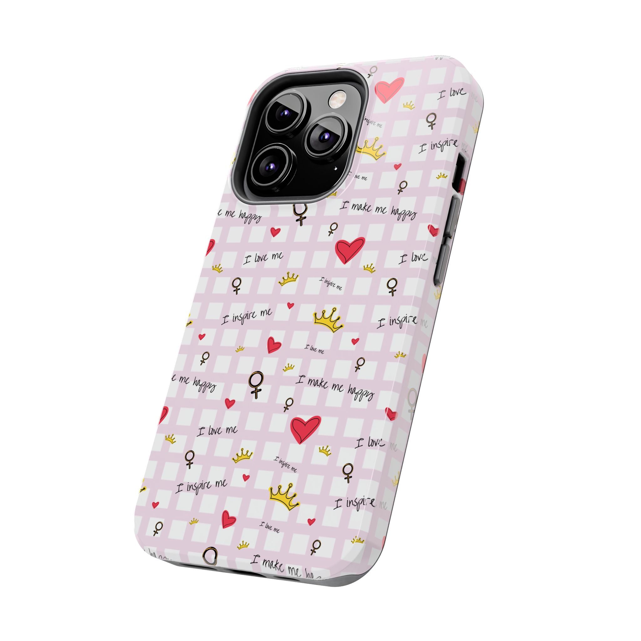 Cozy Hearts & Crowns Phone Case, Heart Design Protective Phone Cover, Crown Pattern Tough Case, Girly Phone Accessories, Valentine's Day