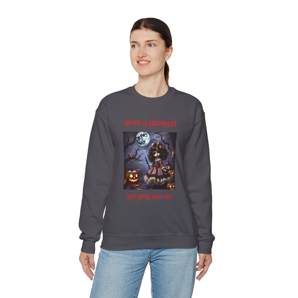 Halloween Doll With a Mix of Scary and Sweet Unisex Heavy Blend™ Crewneck Sweatshirt
