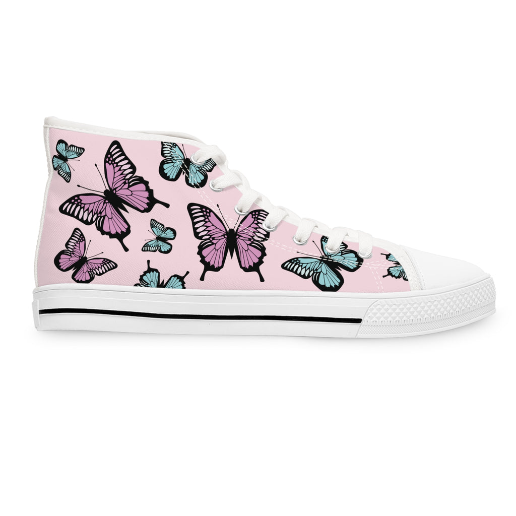 Light Pink Butterfly Pattern High Top Sneakers - Women's Fashion Shoes, Cute Pink Sneaker Boots, Butterfly Print Sneaker Shoes